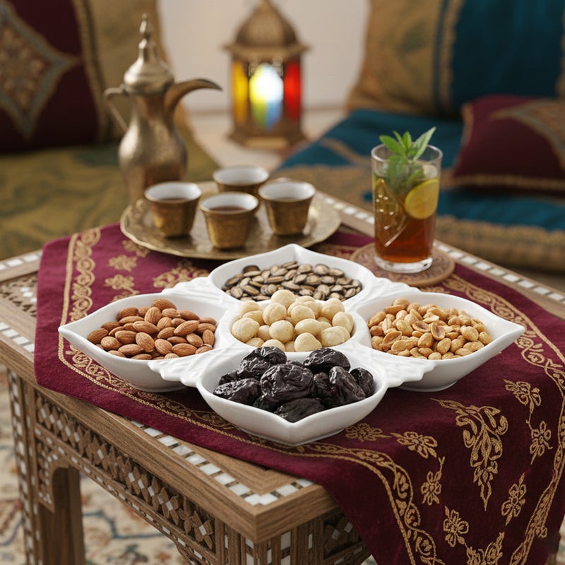 شالو طبق تقديم مسطح من البورسلين بخمسة أقسام - 31 سم، أبيض، مصنوع من البورسلين الصيني الفاخر، مثالي للضيافة الأنيقة والاستخدام اليومي وشهر رمضان وعيد الفطر وعيد ديوالي والمناسبات الاحتفالية. - Image 5